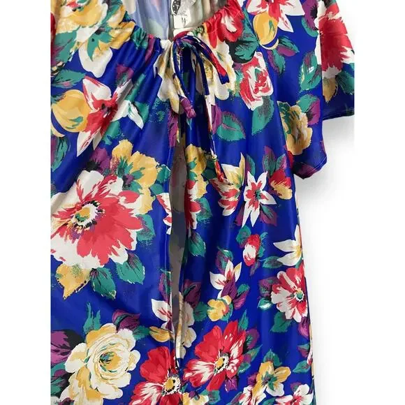 Vintage 80s Take 5 Blue Colorful Floral Lounge Dress Kaftan Muumuu Size Medium - Picture 2 of 4